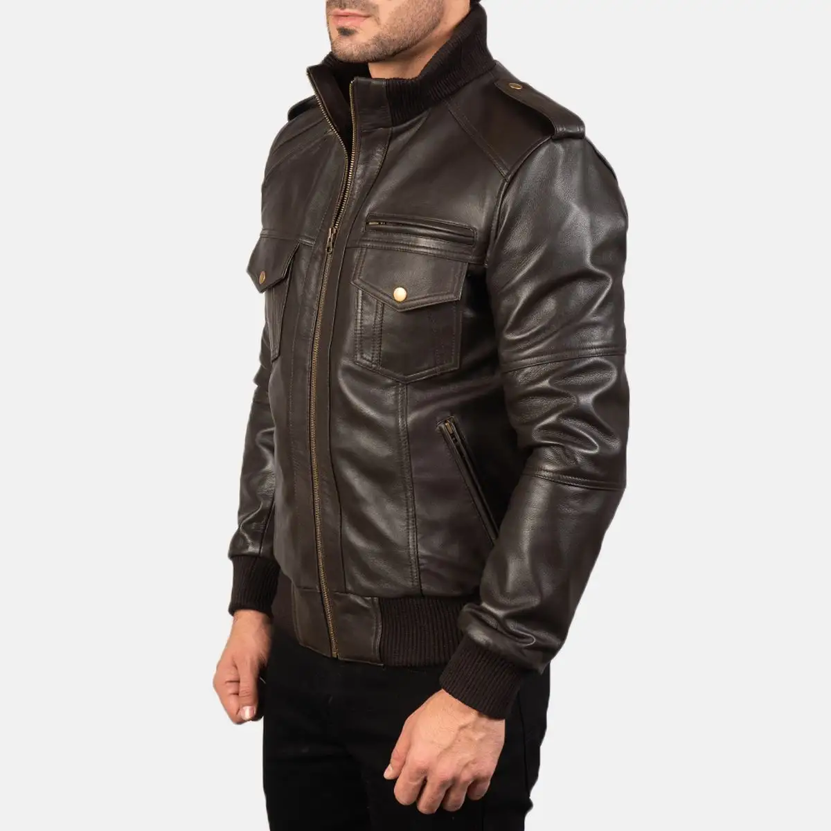Brown real leather jacket with stand collar 4 front pockets attractive design shoulder strap mens jackets