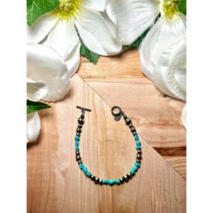 Navajo Beaded <b>Bracelet</b> with Kingman Turquoise & Sterling <b>Silver</b> Ethnic Style Strung <b>Bracelet</b> - Product Image 1