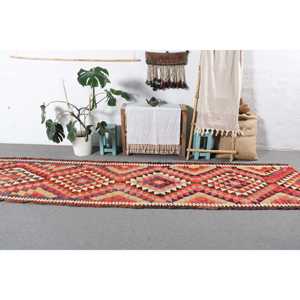 Turkish Vintage <b>Runner</b> Rug 3.1x12.3 ft, <b>Red</b> Brown Floral Wool Rug - Product Image 3