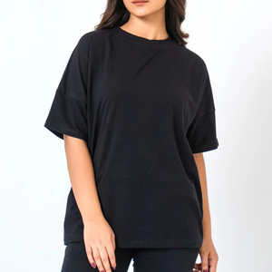 Camiseta de cuello redondo con hombros caídos de gran tamaño de algodón 100% de alta calidad para mujer, camiseta lisa ecológica, venta al por mayor - Product Image 1
