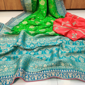 KIMORA BANDHEJ SINDHURI FABZONE Georgette Zari Weaving <b>Silk</b> Viscose Women's Party Festival Saree India & Pakistan In-Stock - Product Image 1