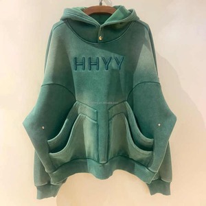 Sudadera con capucha y cremallera de algodón 100% de 350 g, estilo streetwear, con bordado 3D, efecto desgastado y corte holgado, fabricada a medida. - Product Image 3