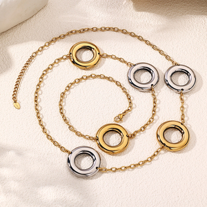Perhiasan POP kalung panjang wanita, liontin lingkaran rongga berlapis emas Stainless Steel trendi tidak pudar tidak alergi - Product Image 2