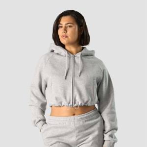 Sudadera con capucha recortada con cremallera para mujer a la moda en tela de mezcla de algodón suave, sudaderas informales de manga larga con cordón ajustable para pedidos a granel - Product Image 5