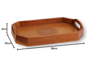 Plateau de service en bois d'acacia naturel avec gravure de mandala complexe pour salle à manger, salon ou bureau d'Inde - Product Image 6