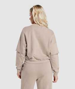 Beige Sudadera de cuello redondo de gran tamaño 100% algodón 350GSM suéter de hombro caído de peso pesado sólido manga larga Casual Streetwear Top - Product Image 2