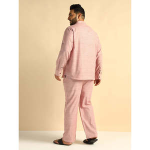 Amanush <b>Men's</b> Pink Handloom Texture Plaid Cotton Plus Size <b>Kurta</b> For <b>Men</b> With Mandarin Collar And Three Quarter Sleeves - Product Image 4