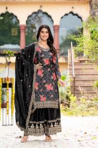 Costume de palazzo élégant avec long Kurti et Dupatta brodé, idéal pour les réceptions traditionnelles et les fiançailles à vendre - Product Image 3