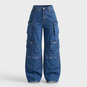 Custom Ladies <b>Baggy</b> Pant High Waist Fashionable Multi Pocket Denim <b>Jeans</b> Oversize <b>Women</b> Cargo Pants Premium Trendy Trousers - Product Image 1