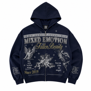 Sudadera con capucha y cremallera estampada Mixed Emotion Fallen Beauty para hombre, estilo oversize, streetwear, de algodón negro, tejida, estilo otoñal - Product Image 1