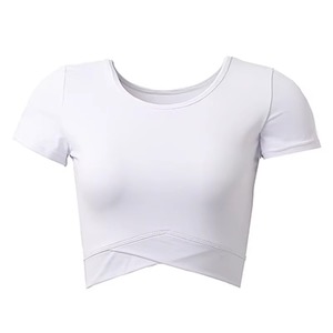 Custom Wholesale Women Sexy <b>Tight</b> Yoga Crop Top Short Sleeve Quick Dry Fitness Gym Training Top with Crossed Hem - Product Image 4