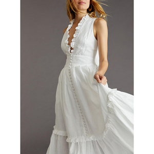 2025 OEM Ăn Mặc Nhà Máy Tùy Chỉnh V Cổ Ren Halter Bow <span class=keywords><strong>Midi</strong></span> Trắng Tinh Khiết Bông <span class=keywords><strong>Maxi</strong></span> Không Tay Của Phụ Nữ Mùa Hè Ăn Mặc - Product Image 1