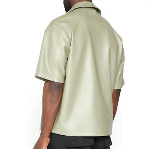 Private Label Pu Leather <b>Shirt</b> Zipper Closure Applique <b>Patchwork</b> Logo Front Pocket Oversize Leather <b>Shirts</b> - Product Image 3