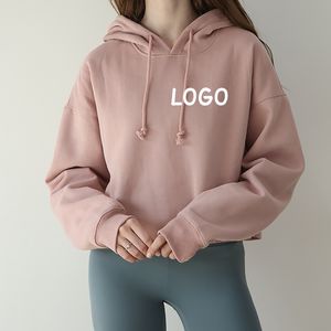 Sweat à capuche oversize à ourlet brut avec impression personnalisée Sweat-shirt court Boxy en polaire épaisse pour femmes - Product Image 1