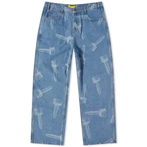 Calça jeans masculina de lavagem enzimática personalizada, logotipo personalizado, estampado a laser, calça jeans folgada com bolsos, calças de banho de pedra, 2024