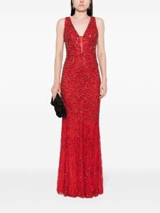 Vestido de fiesta de noche de gasa sin mangas cómodo hecho a mano rojo silueta recta con escote en V y abertura en la espalda - Product Image 5