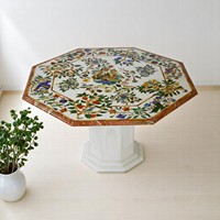 Plateau de table octogonal en marbre blanc poli de 42 pouces, incrustation de pierres multicolores, travail artisanal, imitation antique, objet de collection