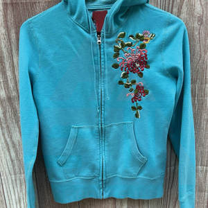 Soft Cotton Blend Casual <b>Women's</b> <b>Hoodie</b> with 3D Floral Embroidery Vibrant <b>Blue</b> Front Logo - Product Image 1