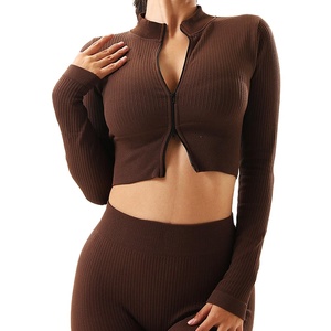 Ensemble de yoga pour femmes à manches longues, logo uni sur le devant, sans couture, respirant et à séchage rapide, en élasthanne/polyester, 2 pièces - Product Image 1