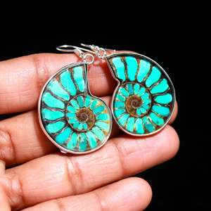 Boucles d'oreilles pendantes en argent sterling 925 pour femmes, mariage, cristal bleu ammonite, forme fantaisie, faites à la main, Silvercrowninc - Product Image 4