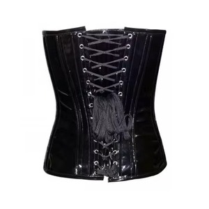 Gothic Style Overbust Clubwear Corset Steelboned Black PVC Body Shaper Corset with Gold Panels - Product Image 6