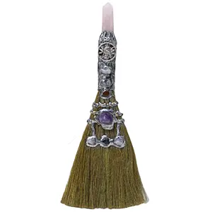 Magic Broom For Sale Crystal Decorated Witchcraftrose Quartz Silver Raven Alloy 50 Gemstone Mascot 13" 33cm CN ZHEJIANG