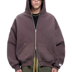 Hoodie d'hiver court personnalisé de haute qualité 100 % coton, avec double fermeture éclair, coupe oversize, vierge et épais - Product Image 3