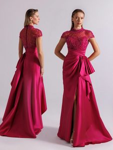 Elegante Vestido de Noche Azul Satinado Estilo Sirena con Manga Casquillo, Corpiño con Lentejuelas, Cintura Natural, Transpirable, Largo hasta el Suelo y con Abertura - Product Image 2