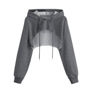 Sweat à capuche court à la mode pour femmes évider hauts courts goutte épaule cordon pull à capuche court - Product Image 5