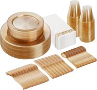 Haute qualité 175 pièces coffret cadeau or paillettes jetables en plastique fête vaisselle occidentale vaisselle assiette plat tasse et couverts ensemble