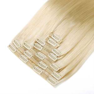 Extensions de cheveux humains brésiliens Remy à clipser, 21 pouces # 60 mèches blondes platine lisses et douces - Product Image 1
