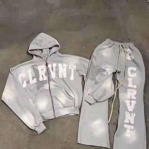 Chándales Vintage Sun Faded Hoodie Pantalones acampanados personalizados Chándal bordado desgastado Conjunto de joggers térmicos de color sólido para hombre - Product Image 1