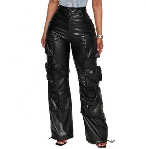 High <b>Waist</b> Streetwear Long Women Multi Pocket Loose Fit Sheep Skin Leather Pant Premium Cheap Price Straight Women <b>Trouser</b> 2026 - Product Image 1