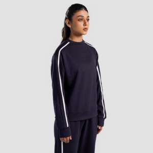 Sweat-shirt pour femme Swayline, bleu marine, de haute qualité, à capuche, surdimensionné, avec décoration brodée, en tissu tricoté en soie - Product Image 3