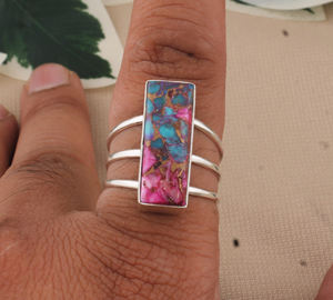 Rectangular Pink Copper Turquoise <b>Ring</b> 925 Sterling Silver Handmade <b>Ring</b> Multi Band <b>Ring</b> Women's Anniversary Gift - Product Image 6