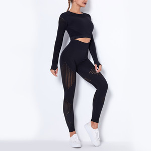 Conjunto de ropa activa de gimnasio para mujer de alta calidad, ropa de entrenamiento elástica para entrenamiento deportivo, Fitness sin costuras, Color negro, manga larga - Product Image 3