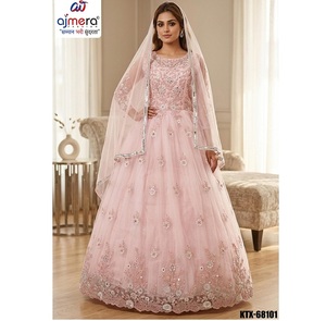 Vestido de Novia Ajmera Moderno, Bordado, Largo hasta el Suelo, Cuello Alto, Manga Larga, Ecológico, de Secado Rápido, con Estampado Floral y Cintura Natural - Product Image 1
