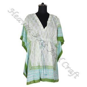 Hermosa mano bloque impreso algodón mujeres Kaftan corto mujeres corto Maxi estándar traje de baño Bikini cubrir caftán vestido mujeres - Product Image 1