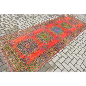 4.1x11.5 ft Rug, Vintage Turkish Rug, <b>Red</b> <b>Wool</b> Rug - Product Image 2