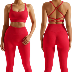 En stock spandex y nylon yoga fitness conjuntos de 2 piezas para las mujeres con costuras sin costuras transpirable yoga conjuntos para las mujeres ropa de gimnasia - Product Image 1
