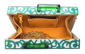 Elegant Green and <b>White</b> Resin Wedding Clutch <b>Bag</b> with Beaded Handle and Metal Frame for Bridal and <b>Evening</b> Occasions - Product Image 4