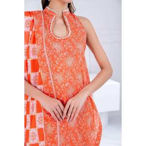 Traje de chifón estampado sin costuras de 3 piezas color naranja para mujer con bordado para uso diario - Product Image 6