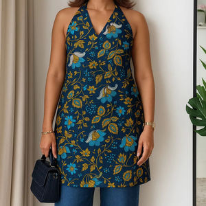 Traditional Ethnic Short Kurti 100% Cotton Printed Halter Neck Designed <b>For</b> Comfort And Style Back Elastic <b>For</b> Ease Side Slits - Product Image 1