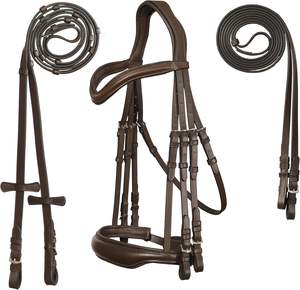 Bridon de chasseur de chevaux en cuir rembourré confortable avec bride de nez ornée de bijoux et rênes à prise libre - Product Image 4