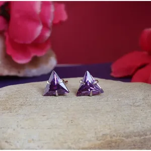 Vintage Gold-Plated Silver Trillion Cut Amethyst Stud Earrings for Women with Rose Gold for Wedding or Engagement - Product Image 3