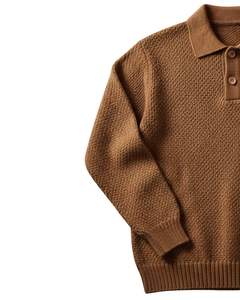 Suéter Polo de Punto Texturizado Personalizado para Hombre, Manga Larga, Cuello con Botones, Informal, para Invierno, Color Camel Marrón, para Venta al por Mayor - Product Image 2