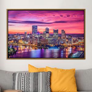 City Skyline <b>Canvas</b> Print: Vibrant Urban Nightscape Wall Art,GOLD <b>FRAMED</b> <b>CANVAS</b> - Product Image 1