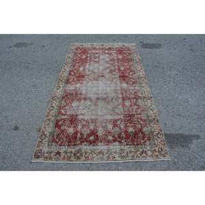 Vintage Turkish <b>Rug</b> Red Beige 3.5 X 6.6ft Large Area Woolen Patchwork Design for Hallway <b>Bedroom</b> Rectangular Shape Latex Backing - Product Image 1