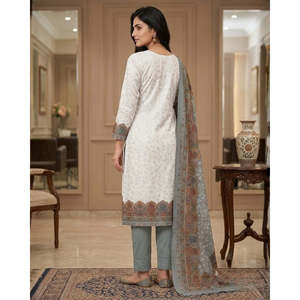 P L INDUSTRIES Casual Style Grey Chiffon Printed Chikankari Eco-Friendly Women Unstitched V-neck Above Knee Suit Set - Product Image 4