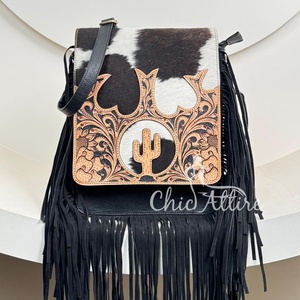 New Trending Fashion Hand Tooled Cowhide Leather <b>Crossbody</b> Cactus Fringe Bags for Women's Designer Luxury Genuine Leather <b>Purses</b> - Product Image 1